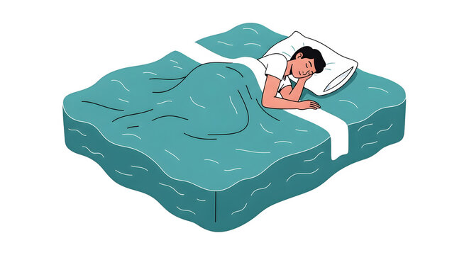 Person resting comfortably on a soft mattress with bedding on a transparent background for interior design and wellness concepts