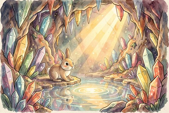 Cute Bunny Exploring a Crystal Cave