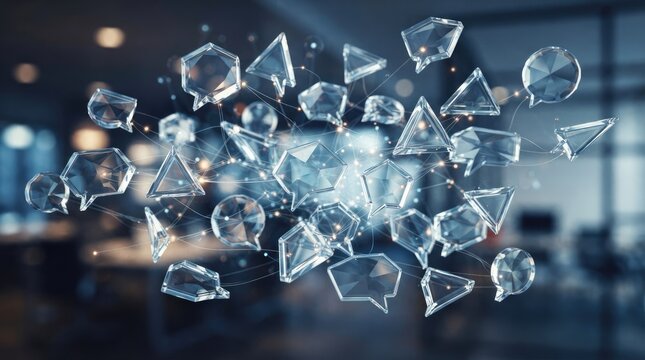 A digital rendering of a cloud of abstract geometric shapes and symbols, with a blurred office background.