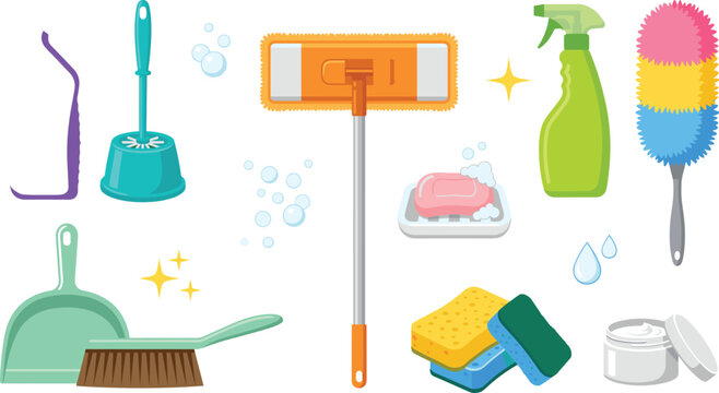 Household Cleaning Supplies Collection with Mop, Broom, Dustpan, Squeegee, Spray Bottle, Duster, Sponge, Soap and Scrubbing Accessories