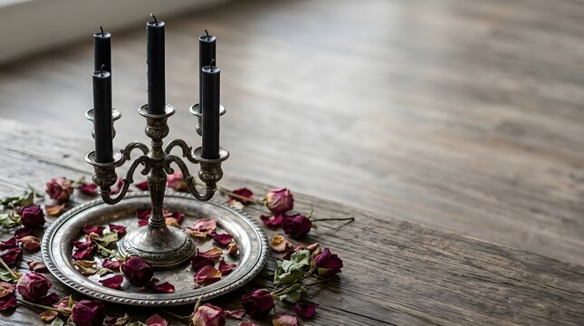 Ornate Candelabra with Black Candles Surrounded by Red Rose Petals.