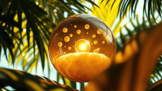 Glowing sphere rests amid lush foliage. Warm light emanates from within, creating dramatic contrast, captivating scene.