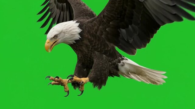 Majestic bald eagle a powerful bird of prey with wings spread and talons extended isolated on a green screen for easy compositing symbolizing freedom and American wildlife