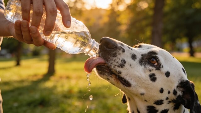 Pet owner giving fresh water from a plastic bottle to a thirsty Dalmatian outdoors under bright summer sunlight, animal care