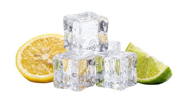 Fresh ice cubes with lemon and lime slice, crystal clear ice block composition, refreshing citrus drink ingredients isolated PNG with Transparent Background