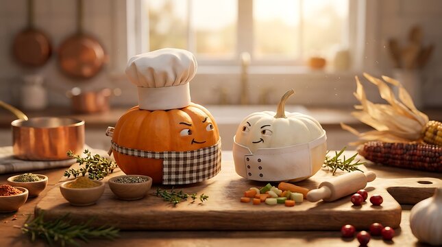 Two cute cartoon pumpkins wearing chef hats cooking on a wooden cutting board in a cozy home kitchen. chef pumpkin fight