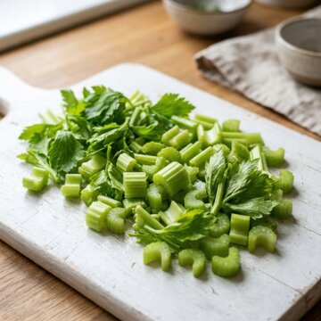 Freshly Chopped Celery on White Cutting Board Healthy Ingredient for Cooking and Juicing