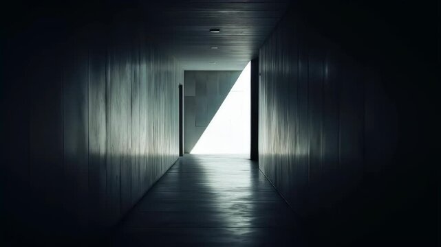 Dark Corridor Sunlight Beam, Shadow, Hallway Reflection Creating Eerie Mystery Atmosphere