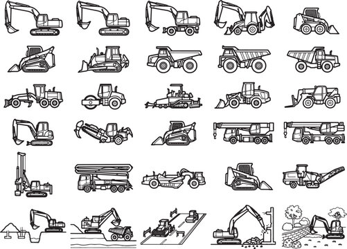 A collection of black and white line drawings showcases a variety of heavy construction equipment and vehicles used in industry and civil engineering projects, depicting excavators, loaders.
