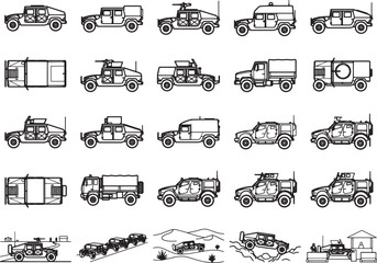 Fototapeta premium Collection of military vehicle illustrations, featuring a variety of army trucks, armored cars, and transport vehicles in different perspectives and styles.