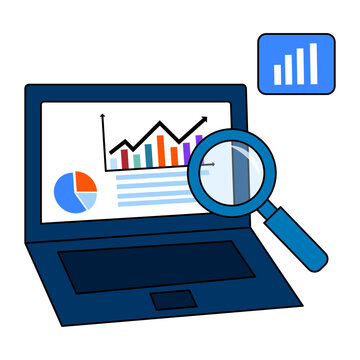Laptop with financial business growth charts, statistics dashboard, and magnifying glass analyzing data vector concept