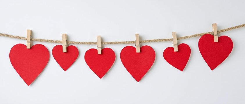 Red paper hearts clipped to a string with clothespins against white background