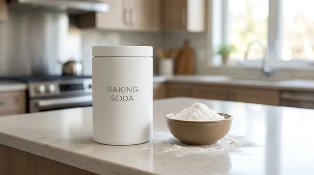 White container of baking soda and a small bowl with white powder on a modern kitchen counter top. baking soda packaging