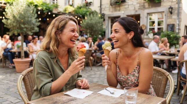 Two Friends Laughing Over Ice Cream at a Sunny Outdoor Cafe in a Charming European Square
