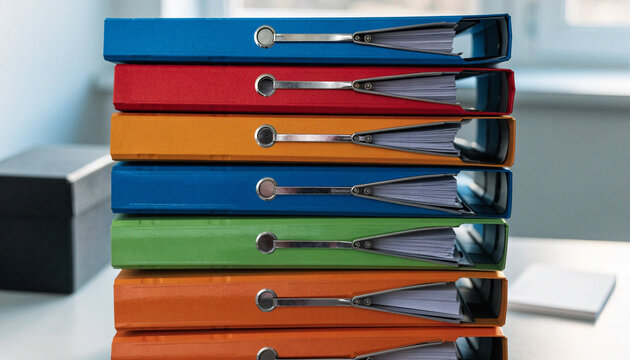Colorful binder office supply document organization stack paper workspace business stationery storage close up photorealistic