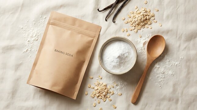 Baking soda powder in a paper bag and bowl with a wooden spoon and vanilla bean on a light surface. baking soda packaging