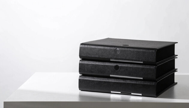 Three elegant black binders stacked vertically on white desk, minimalist office organization, modern workspace, clean and professional atmosphere