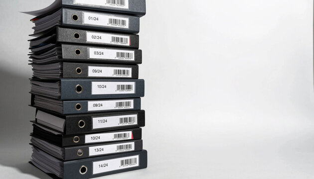 Vertical stack of file binder with label office document organization paperwork black white storage archive business record shelf workspace