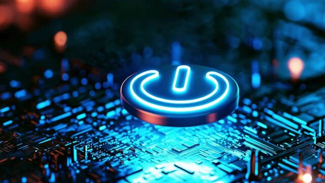 CG of a neon power icon evoking the image of a futuristic system startup and shutdown
