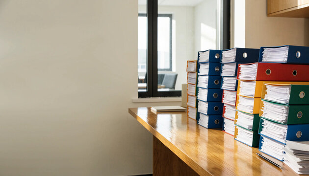 Stacked colorful file folder document paperwork office workspace organization business desk professional sunlight modern interior