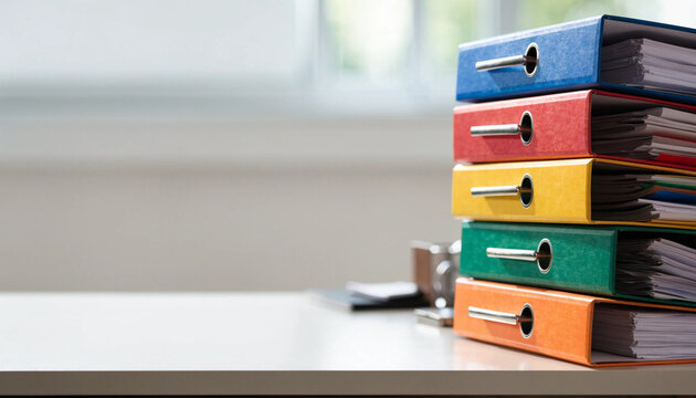 Colorful binder office document organization paperwork desk workspace business stack stationary archive storage