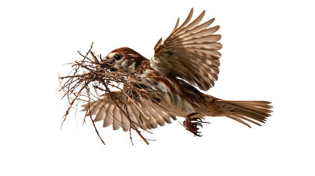 House sparrow flying with dry twigs in beak for nest building