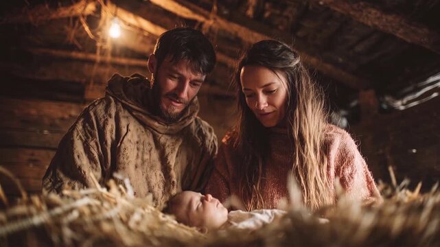 Nativity scene with Mary, Joseph, and baby Jesus in a stable setting. A tender portrayal of the Holy Family in a rustic stable, capturing the essence of the Christmas story