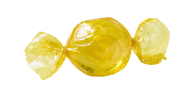 Yellow translucent cellophane wrapped hard candy sweet