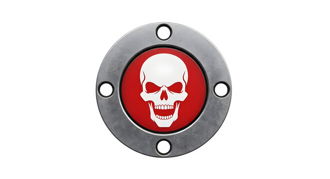 Metallic circular danger sign featuring a white skull on a red button isolated on a transparent background