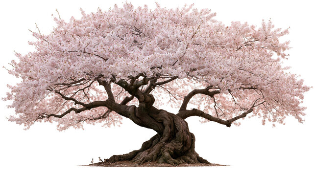 Large blooming cherry tree with twisted dark trunk and soft pink flower petals