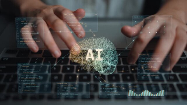 Work continues on a laptop. Semantic relationships and contextual memory support an AI workflow that connects information retrieval with logic, decisions and validated actions.
