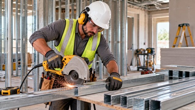 Construction worker cutting metal stud with circular saw for steel framing in commercial renovation.