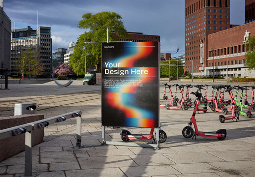 Mockup Of Customizable Vertical Poster Stand In Oslo City Square