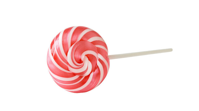 Round red and white swirl lollipop candy on a stick