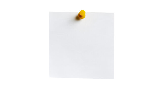 Square white paper note attached with a yellow plastic push pin
