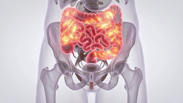 3D medical animation illustrating the human digestive system with a glowing effect in the intestines and colon, representing inflammation or metabolic activity