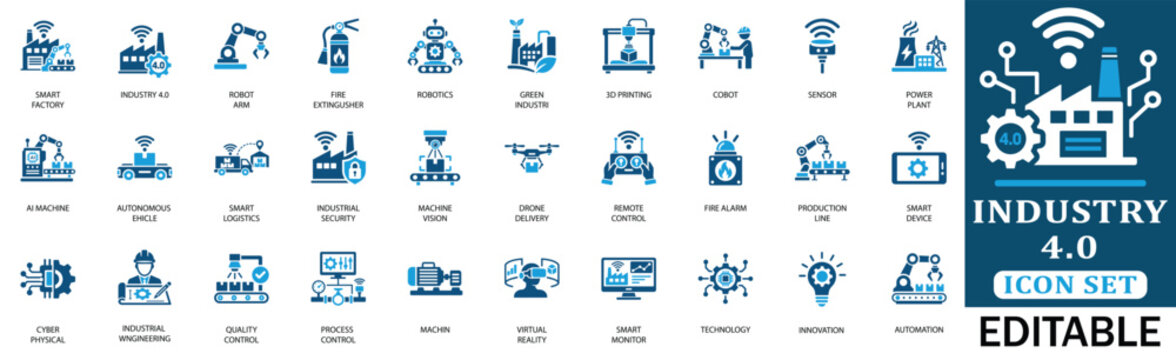 Industry 4.0 and smart factory icon set featuring automation, robotic arm, industrial security,sensor, smart logistics, manufacturing, and digital factory icons for professional industrial design. 