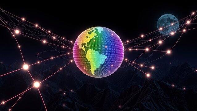 Vibrant Earth glows amidst dark space. Connected network radiates from planet, moon visible distant mountains below.