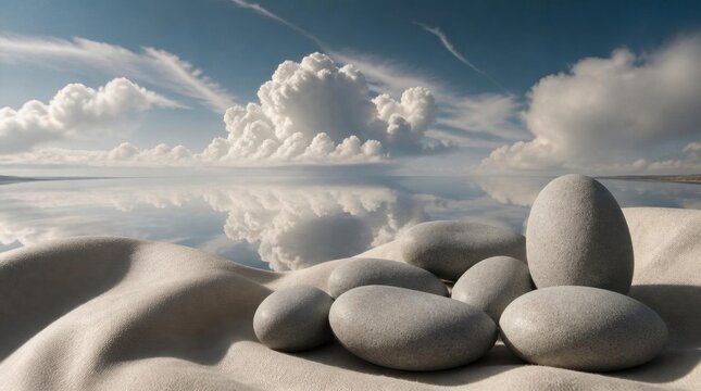 A tranquil scene featuring smooth, textured stones arranged on fine sand, set against a backdrop of a calm, reflective ocean mirroring a sky filled with dramatic, fluffy clouds.