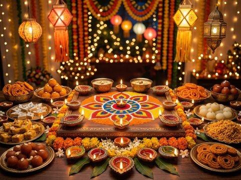 Vibrant Diwali celebration setup with traditional sweets and decorations , Diwali, Kali Puja, Indian Festival, Lakshmi
