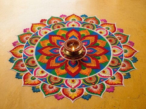 Vibrant Rangoli Design with Diya for Diwali Celebration , Diwali, Kali Puja, Indian Festival, Lakshmi