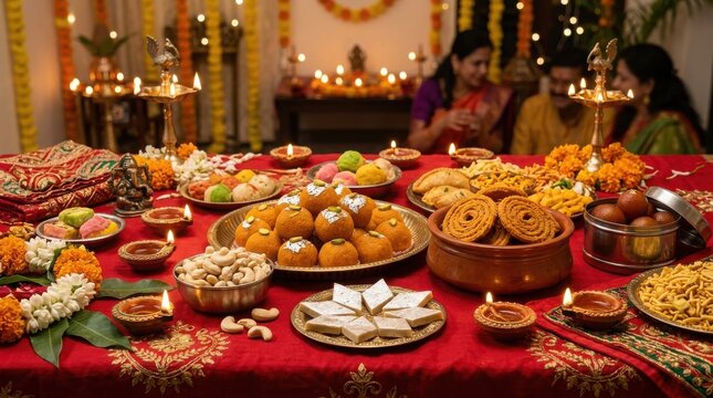Diwali festival celebration with traditional sweets and diyas , Diwali, Kali Puja, Indian Festival, Lakshmi