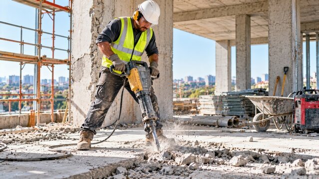 Construction worker demolishes concrete with jackhammer on building site wearing safety gear.
