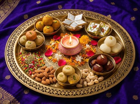 Vibrant Diwali celebration with traditional Indian sweets and diya on ornate golden platter , Diwali, Kali Puja, Indian Festival, Lakshmi