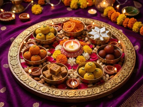 Diwali festival celebration with traditional sweets and diyas , Diwali, Kali Puja, Indian Festival, Lakshmi