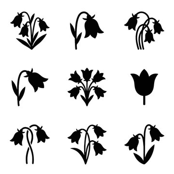 Detailed vector illustration of bluebell flowers with delicate purple-blue bell-shaped petals and green stems, isolated on a clean white background for nature and botanical design.