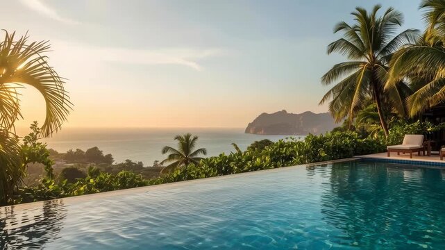 Tropical Infinity Pool Overlooking Ocean Island Sunset Palm Tree Coastal Escape