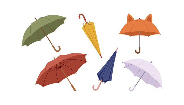 Colorful umbrellas vector flat icon collection. Open and folded parasols, fox ears umbrella, autumn rain gear, curved wooden handles and weather protection accessory elements.