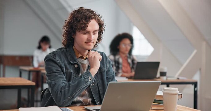 Man, student and laptop in university with thinking, reading info or research with online studying. Academic, tech or connection in community college for review tutorial, lesson platform or education