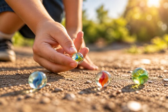 Child playing with colorful marbles outdoors in warm sunlight